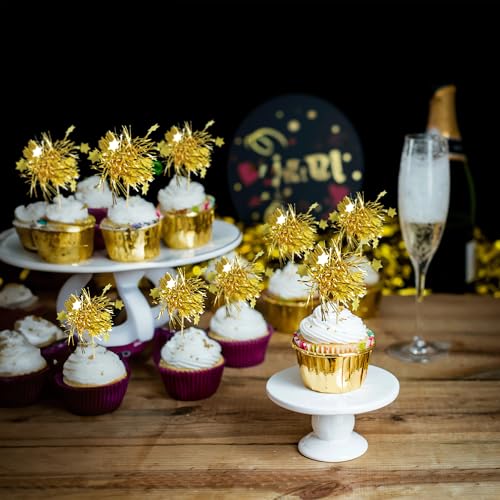 30Pcs Star Foil Firework Cupcake Toppers Sparkle Tinsel Cake Toppers Tinsel Drink Cake Decoration Cocktail Picks for Birthday Wedding Graduation Party Supplies Gold (30 Count)