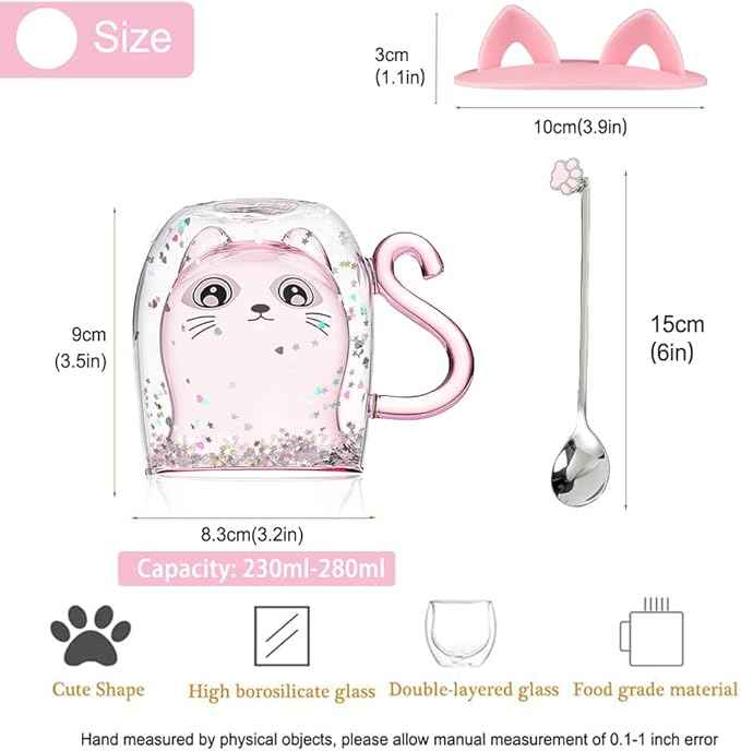 Gifts for Women Cat Gifts Double Walled Glass Coffee Latte Cup Cute Stuff Cat Mug Gifts for Her Christmas Stocking Fillers,Birthday,Valentines,Halloween Presents for Women,Kid,Mum,Teacher