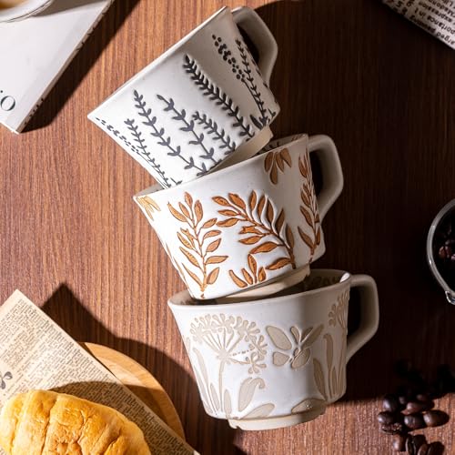 Ceramic Mugs 11 oz Unique Luxurious Cups Set of 4 with Premium Spoon (4 Count)
