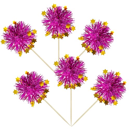 30Pcs Foil Firework Cupcake Toppers Party Birthday Cake Toppers Supplies Sparkle Tinsel Cocktail Fruit Toothpick for Birthday Wedding Graduation Party Purple (30 Count)