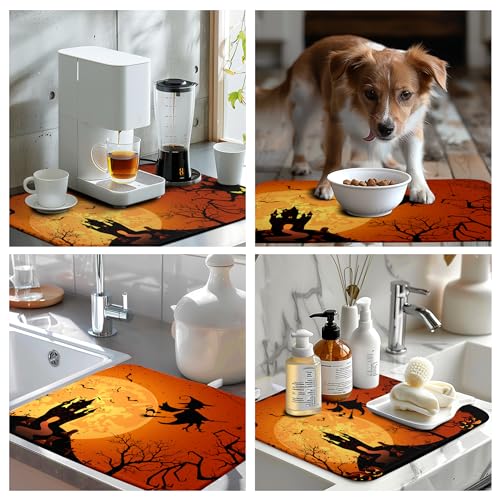 Happy Halloween Dish Drying Mat Fall Pumpkin Witch Dishes Draining Mats Spooky Castle Coffee Bar Bats Trick or Treat Dish Drying Pad Self Fast Absorbent Dryer Mat for Kitchen Countertop