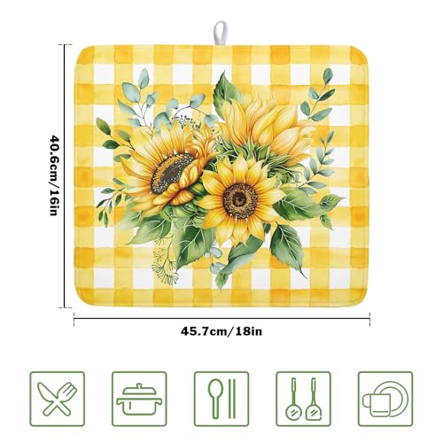 Sunflower Dish Drying Mat 16x18 Inch Absorbent Reversible Summer Sunflower Drying Mat Summer Plaid Dish Drying Rack Mat Yellow Summer Themed Dish Drainer Mat for Kitchen Counter Coffee Bar
