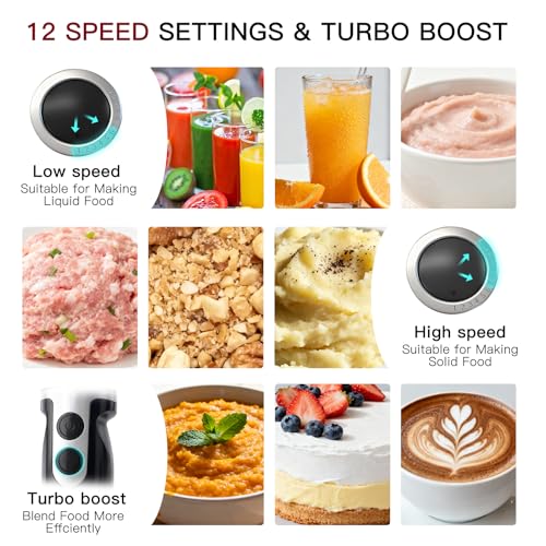 3-in-1 Immersion Hand Blender, Powerful MOTOR 12-Speed Stick Blender with Sturdy Titanium Plated Stainless Steel Blades