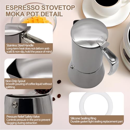 304 Thickened Stainless Steel Uncoated 2 Cup Moka Pot 100ml 3.3oz