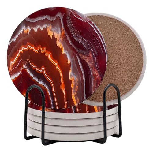 Red Agate Marble Round Coasters Set of 6