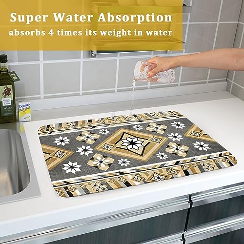 Boho Yellow Gray Aztec Dish Drying Mat for Kitchen Counter