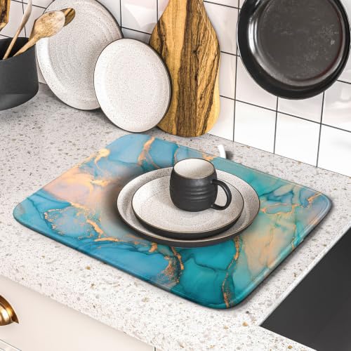 Marble Dish Drying Mat for Kitchen Counter Blue Teal Turquoise Gold Drying Mat 16 x 18 Inch Microfiber Dish Drying Pad Dish Rack Pad Drainer Mat for Coffee Bar