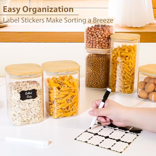 37oz(1.2Qt) Square Glass Storage Containers with Bamboo Lids – 4 Pack Clear Food Airtight Glass Jars for Pantry Organizers and Storage, Kitchen Dry Food, Coffee, Sugar, Flour, Snacks, Spices (4 Count)
