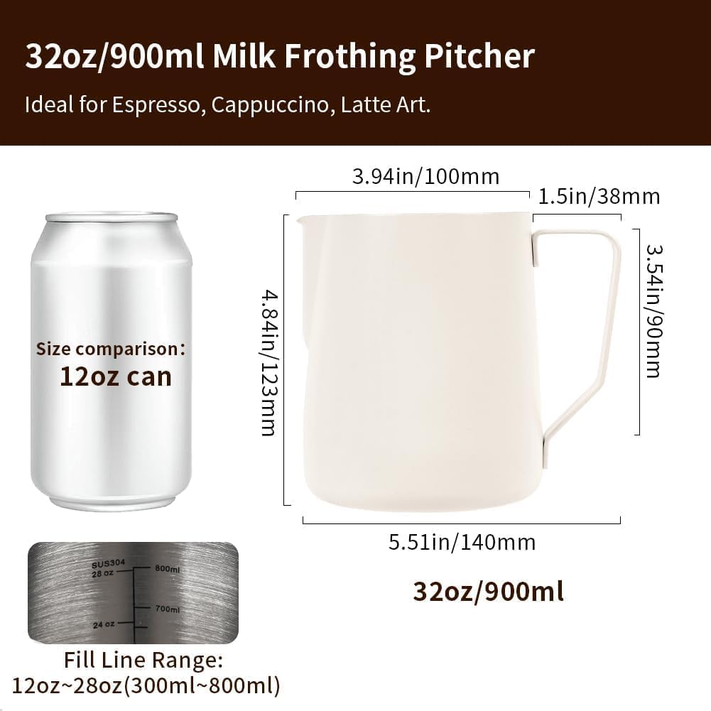 watchget Milk Frothing Pitcher 32oz/900ml - Stainless Steel Frothing Pitcher Espresso Steaming Pitcher Coffee Frother Cup Cappuccino Latte Art Coffee Machine Accessories Milk Jug, Creamy White