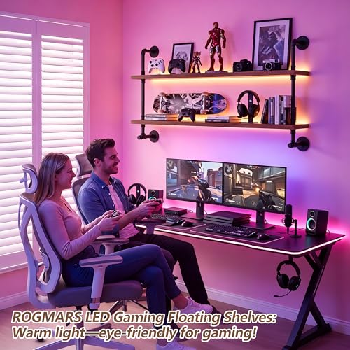 LED Floating Book Shelves for Wall Industrial Pipe Shelving 48 inch