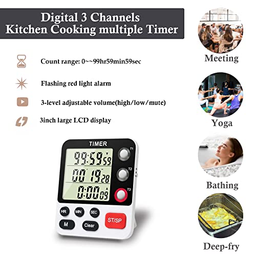 Digital 3 Channels Kitchen Cooking Multiple Timer with Large LCD Count Up Down Stopwatch ON Off Switch Timer for Teaching Reading 3
