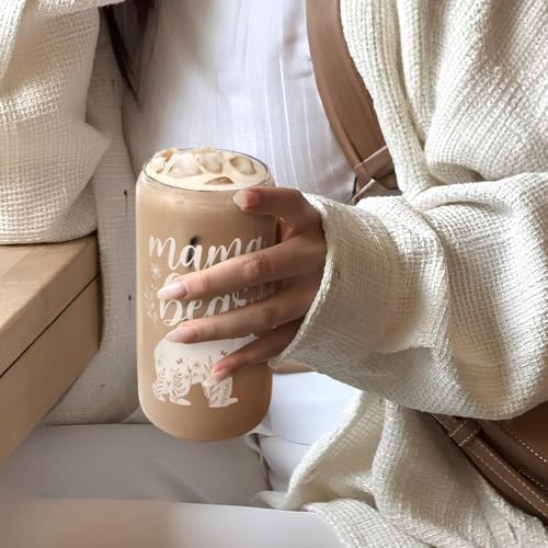 Mom Gifts Mama Bear 16 Oz Can Glass Tumbler with Bamboo Lid and Straw