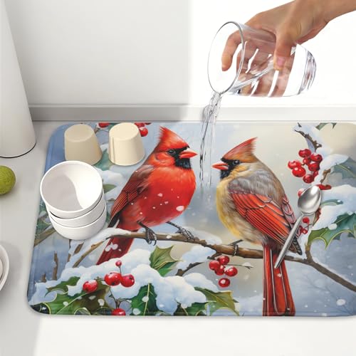 Winter Cardinal Birds Dish Drying Mat