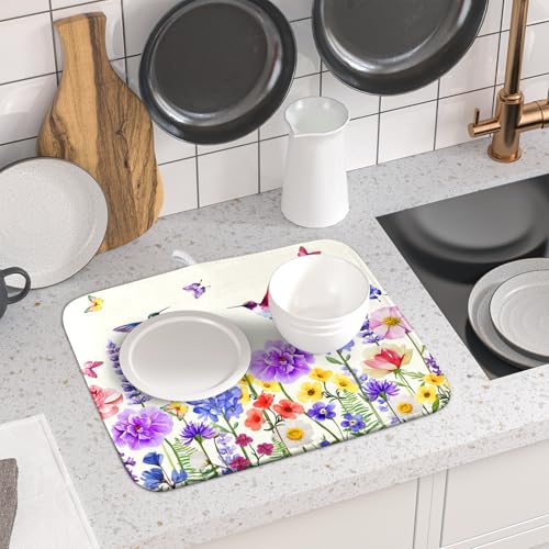 Hummingbird Flower Dish Drying Mat 16x18 inch Watercolor Spring Herb Floral Dish Drainer Mats Wildflower Plant Reversible Microfiber Dish Drying Pad for Kitchen Countertop Small Decor