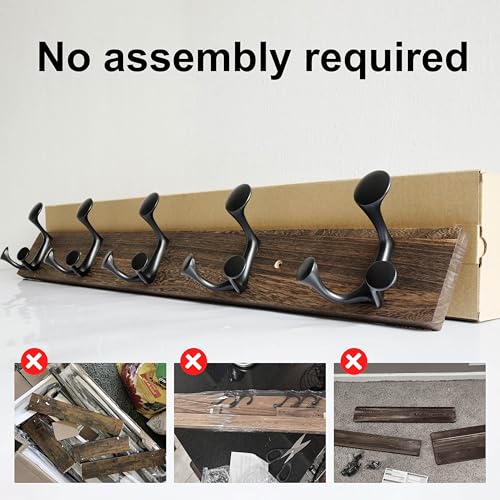 30 Inch Wood Burnt Coat Rack Wall Mount with 5 Triple Hooks