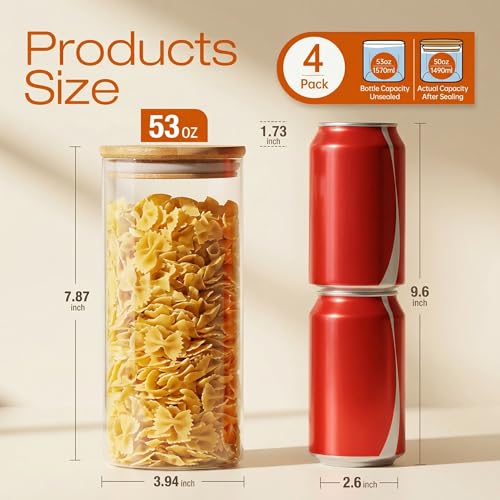 53 oz Round Glass Food Storage Containers with Airtight Bamboo Lids (4 Count)
