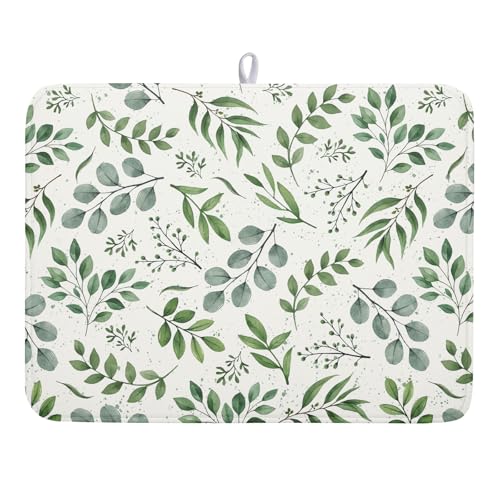 Sage Green Dish Drying Mat 18x24 In Absorbent Reversible Eucalyptus Leaves Plant Drying Mat Green Plant Dish Drying Rack Mat Spring Summer Themed Dish Drainer Mat for Kitchen Counter Coffee Bar