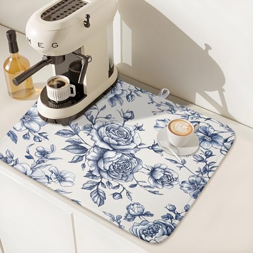 Vintage Floral Dish Drying Mat for Kitchen Counter Blue Floral Chinoiserie Pattern Dish Drying Pad 18x24 In Absorbent French Farmhouse Decor Dishes Drainer Pad Dish Dry Rack Mat for Counter Coffee Bar