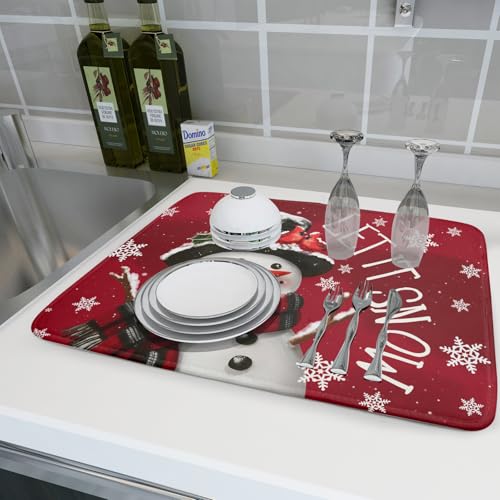 Merry Christmas Dish Drying Mat for Kitchen Counter 16x18 Inch Winter Snowman Dish Draining Mat Xmas Snowflakes Decorations Fast Absorbent Tableware Cardinal Birld Dishes Pad for Coffee Bar Countertop
