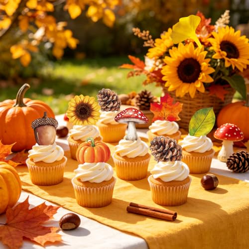 72PCS Edible Fall Leaves Cupcake Toppers Wafer Paper Autumn Maple Leaves Cake Decorations Edible Ginkgo Leaf Acorn Mushroom Sunflower Cake Picks for Thanksgiving Birthday Party Decorations