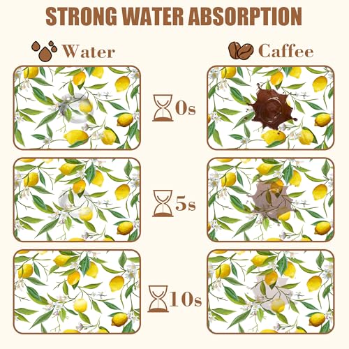 Lemon Fruits Coffee Mat Absorbent Dish Drying Mat for Kitchen Counter Hide Stain Rubber Backed Coffee Bar Accessories Fit Under Espresso Machine Cafe Table