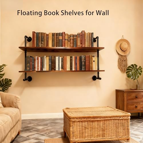 Industrial Pipe Solid Wooden Floating Book Shelves