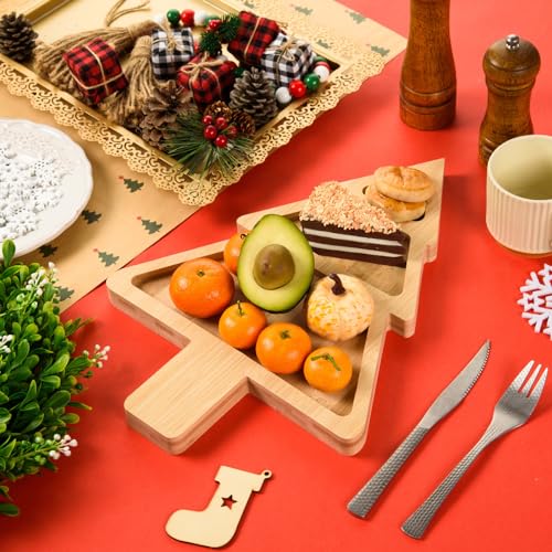 Christmas Bamboo Serving Platter Christmas Tree Shape Wooden Serving Tray Multiple Spaces Charcuterie Board Holiday Decorative Serving Appetizer Platters for Home Candy Snack Salad Food