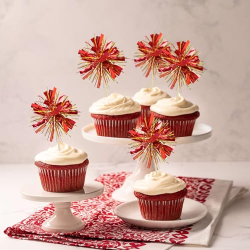 30Pcs Foil Firework Cupcake Toppers Sparkle Tinsel Cake Toppers Tinsel Drink Cake Decoration Cocktail Picks for Birthday Wedding Graduation Party Supplies Gold Red (30 Count)