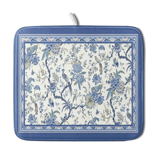 Chinoiserie Dish Drying Mat 16x18in Blue White Oriental Floral Birds Kitchen Drainer Mats Porcelain Flowers Reversible Microfiber Dish Drying Pad Small for Countertop Home Decor
