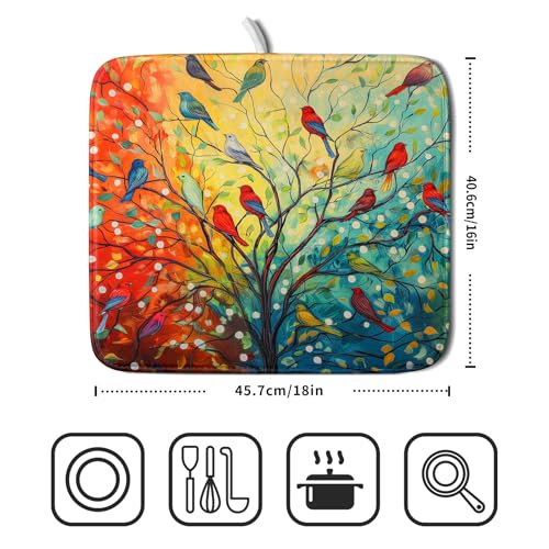 Colorful Spring Summer Tree Bird Dish Drying Mats for Kitchen Counter 16”x18” Absorbent Reversible Microfiber Spring Floral Dish Drying Pad Seasonal Flowers Mat Dish Draining Mat for Countertop Decor