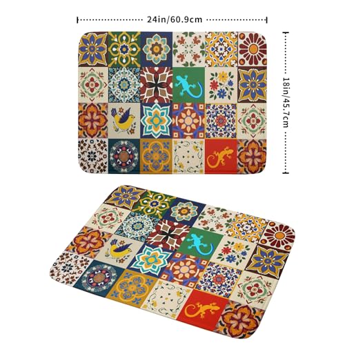 Mexican Tile Dish Drying Mat 18"x24" Talavera Boho Floral Print Dish Drainer Mats Rustic Ethnic Traditional Reversible Large Dish Drying Pad Protector for Kitchen Countertop Decor