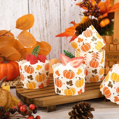 100Pcs Fall Paper Baking Cups Pumpkin Maple Leaf Cupcake Wrappers Orange Yellow Brown Scalloped Edge Cupcake Muffin Cases for Autumn Thanksgiving Dessert Decoration (100 Count)