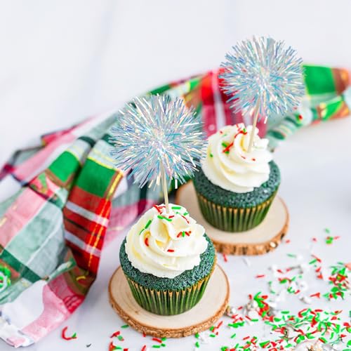 30Pcs Foil Firework Cupcake Toppers Sparkle Tinsel Cupcake Picks Drink Stirrers Cocktail Food Fruit Toothpicks for Baby Shower Graduation Party Supplies White (30 Count)