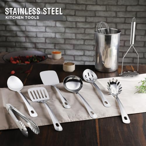 Premium Set of 10 Stainless Steel Kitchen Tool Set with Holder Easy To Clean (10 Count)