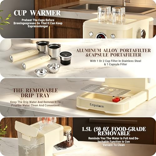 04E 20 Bar Espresso Machine with Milk Frother Steam 1100W Cream white