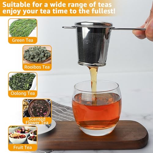 4 PCS Tea Strainer with Lid 304 Stainless Steel Tea Infuser Basket for Loose Tea Extra Fine Mesh Tea Diffuser Long Handle Tea Strainers Filters for Hanging on Teapots Mugs Cups (4 Count)