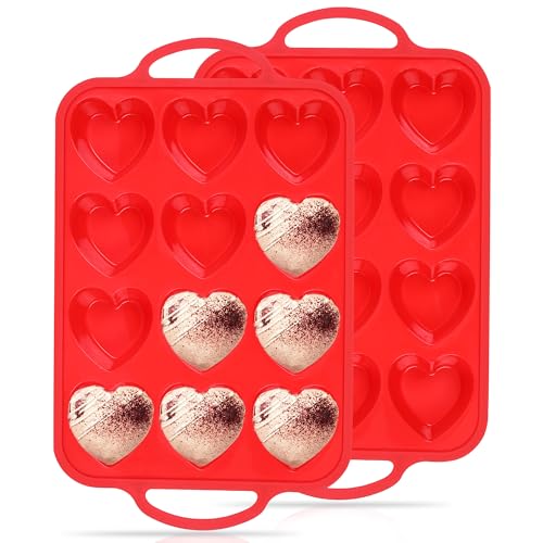 2 Pcs Heart Shaped Muffin Pan with Metal Reinforced Frame 12 Cup Nonstick Silicone Heart Cake Mold for Baking 2.5 Inch Cupcake Tray