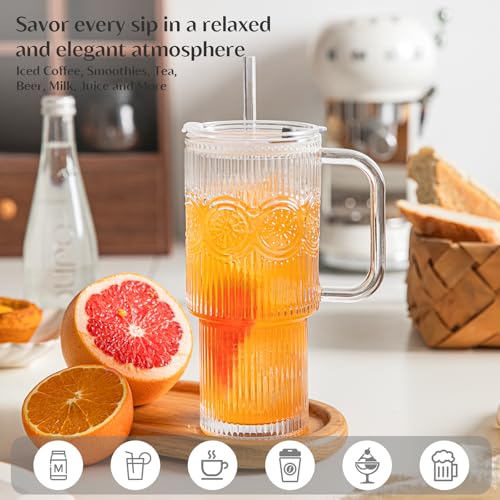 24 oz Ribbed & Floral Glass Tumblers with Handle
