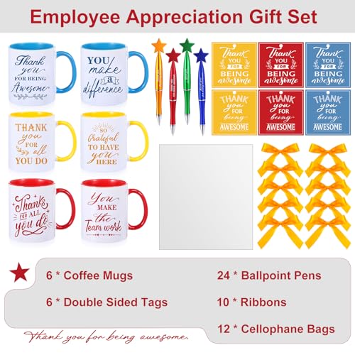 6 Set Employee Appreciation Gifts Include Thank You Staff Mug Gift Set 12 oz Appreciation Mugs Inspirational Pens Tags for Employee Staff Team Group (6 Count)