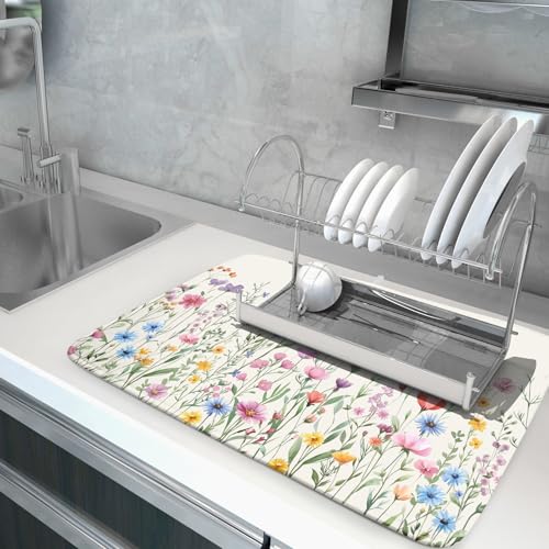 Spring Floral Dish Drying Mat 18"x24" Watercolor Summer Wildflower Dish Drainer Mats Herb Flower Reversible Absorbent Dish Drying Pad Decor for Kitchen Countertop Dining Room