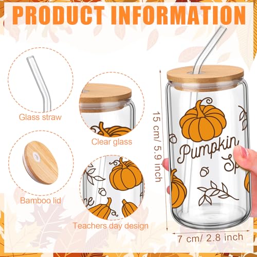 12 Pcs Fall Glass Cups with Lids and Straws 16 oz Autumn Pumpkin Leaves Coffee Tumblers Cozy Fall Drinking Cups Aesthetic Thanksgiving Gifts Bulk for Women Her Adults Party Favors (12 Count)