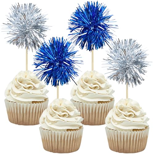 30Pcs Foil Firework Cupcake Toppers Sparkle Tinsel Cake Toppers Tinsel Drink Cake Decoration Cocktail Picks for Birthday Wedding Graduation Party Supplies Silver Dark Blue (30 Count)