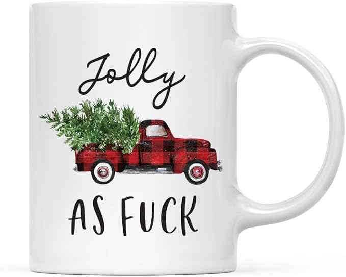 Andaz Press Christmas Winter Holiday 11oz. Coffee Mug, Jolly As Fuck, Vintage Red Truck, 1-Pack, Cozy Christmas Hot Chocolate Cup Ideas for Him Her Coworker…