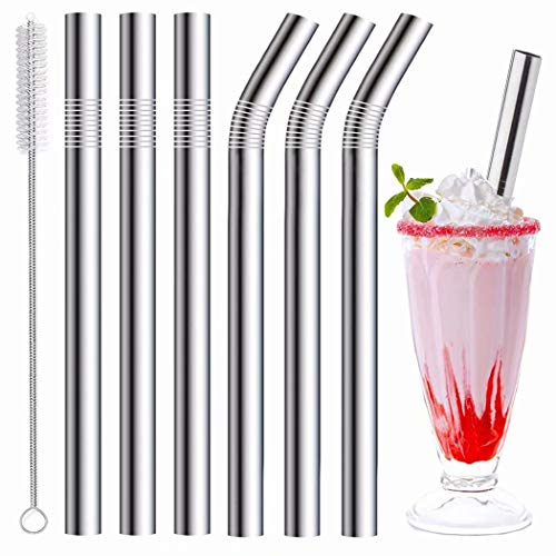 6 Pack 0.4" Wide Bore Reusable Stainless Steel Metal Smoothie Straws (6 Count)