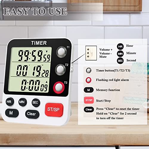 Digital 3 Channels Kitchen Cooking Multiple Timer with Large LCD Count Up Down Stopwatch ON Off Switch Timer for Teaching Reading 3