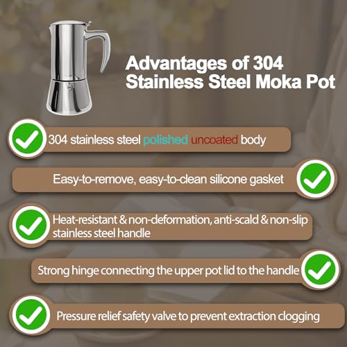 304 Thickened Stainless Steel Uncoated 2 Cup Moka Pot 100ml 3.3oz