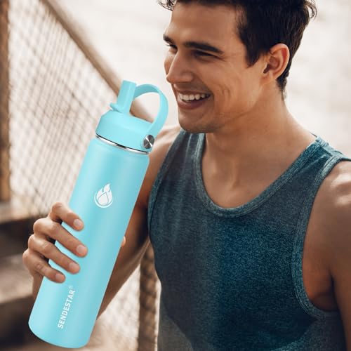 Stainless Steel Wide Mouth Water Bottle 32oz Double Wall Vacuum Insulated Leak Proof Bottle with New Flex Straw Lid & Spout Lid