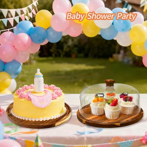 Wood-Cake-Stand With Acrylic Lid, Round Acacia Cake Holder With Cover, 2-in-1 Cake Plate with Dome, Dessert Table Display Set For Party, Charcuterie Board For Cheese, Chips & Dips, Nachos, Fruit Platter