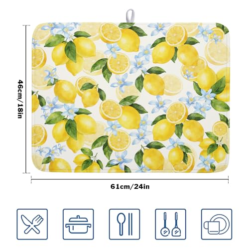 Lemon Dish Drying Mat 18x24 Inch Absorbent Reversible Summer Drying Mat Floral Lemon Fruits Dish Drying Rack Mat Yellow Summer Themed Dish Drainer Mat for Kitchen Counter Coffee Bar