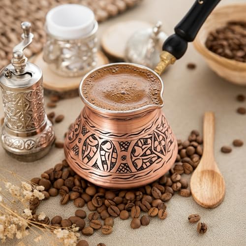 12 Oz Copper Turkish Greek Arabic Coffee Pot with Wooden Handle